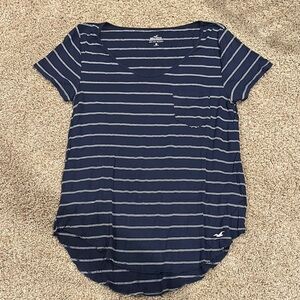 Hollister Blue and White Fitted Short Sleeve T-Shirt